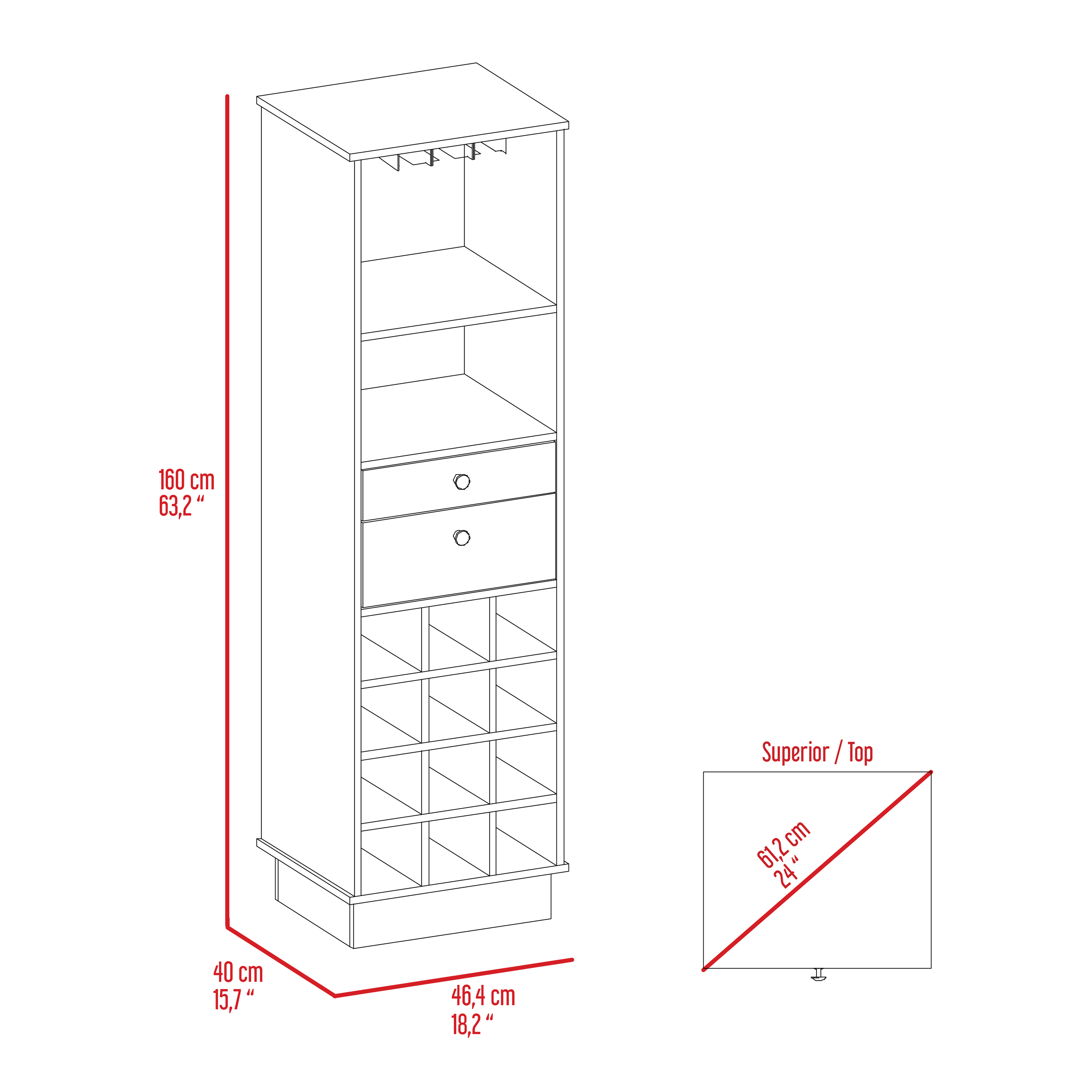 Classic Bar Cabinet, Two Drawers, Twelve Built-in Wine Rack-Black